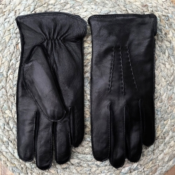 Fingerhandske til mænd - Blød sort gedeskind med strikfoer af uld - Claude - Levinsky